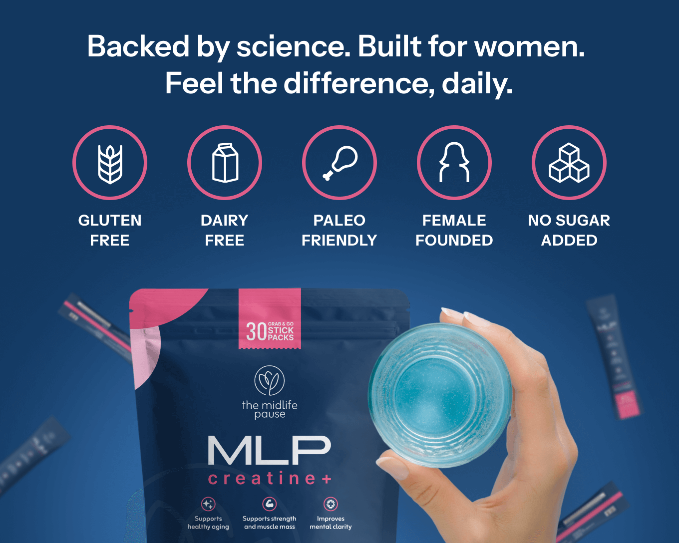 Creatine+ pouch with a glass of water and a stick pack