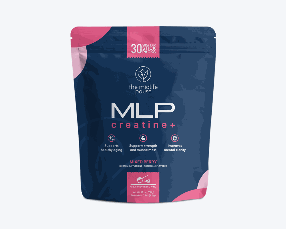 The Midlife Pause Creatine+ Advanced Formula pouch, 30 mixed berry stick packs